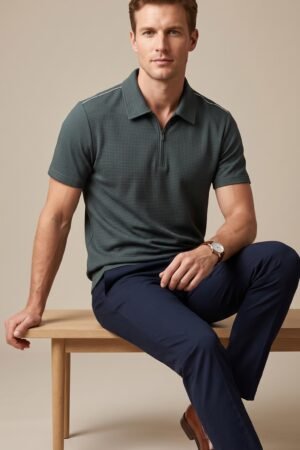 Imported Zipper Polo T-Shirt with White Shoulder Line
