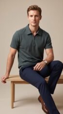 Imported Zipper Polo T-Shirt with White Shoulder Line, worn by a seated model
