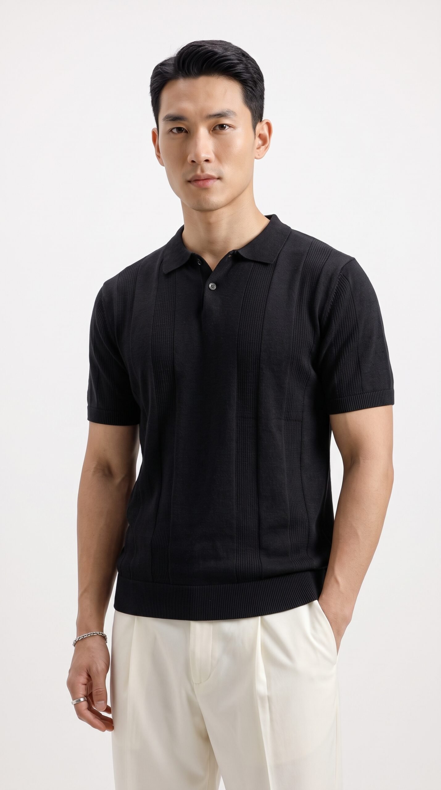Textured Knit Polo in black