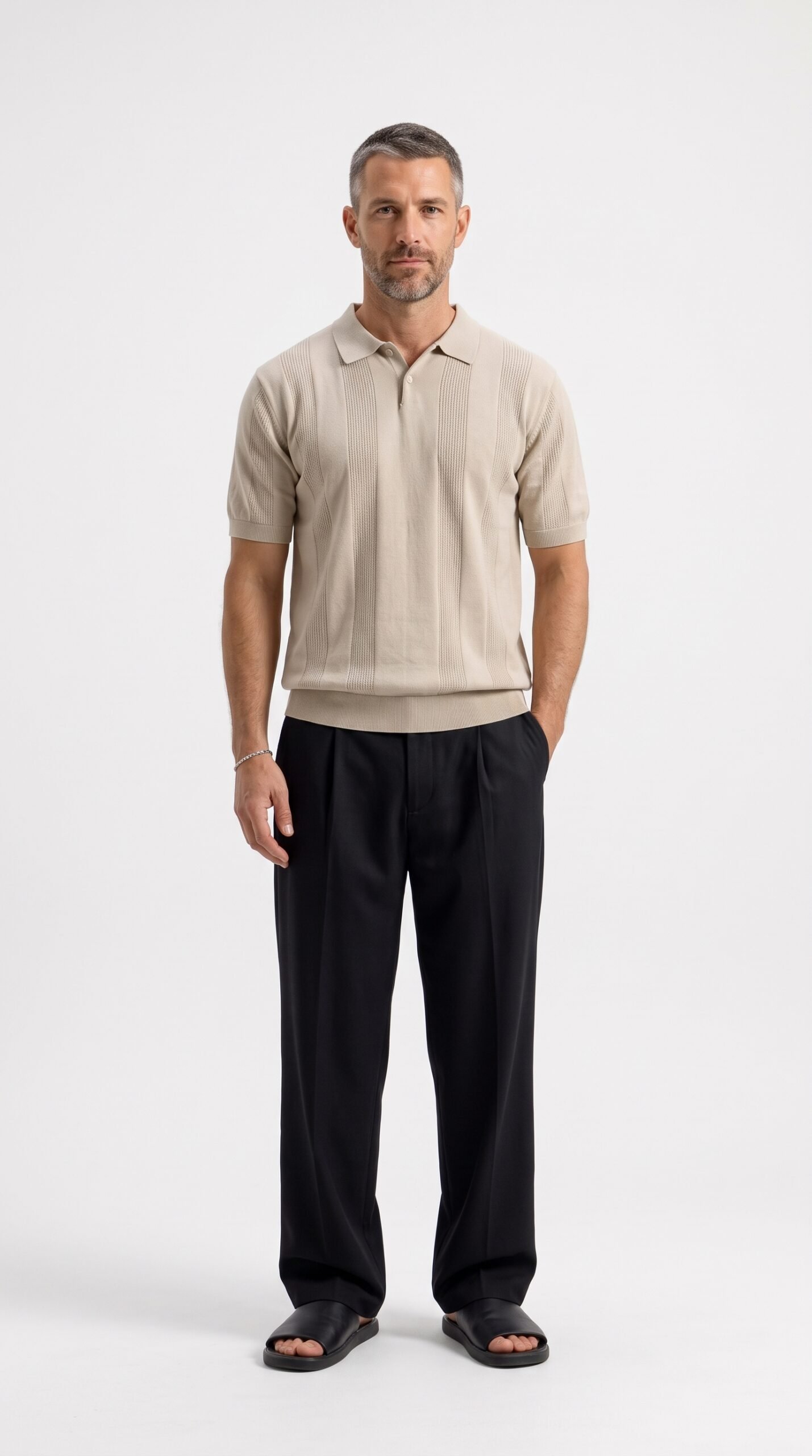 Textured Knit Polo in cream, third view